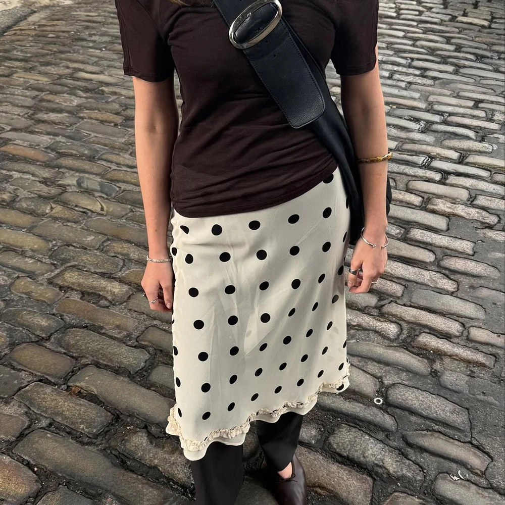 

Talenza White Polka Dot Skirt Summer Fashion High Waist See Through A Line Skirt Women Casual Office Lady Satin Vintage Skirt