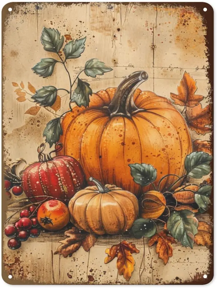 لافتة الخريف القصدير - ديكور جدار الخريف المعدني العتيق للمنزل والمطبخ والشرفة والحديقة - حصاد الخريف الريفي وعيد الشكر