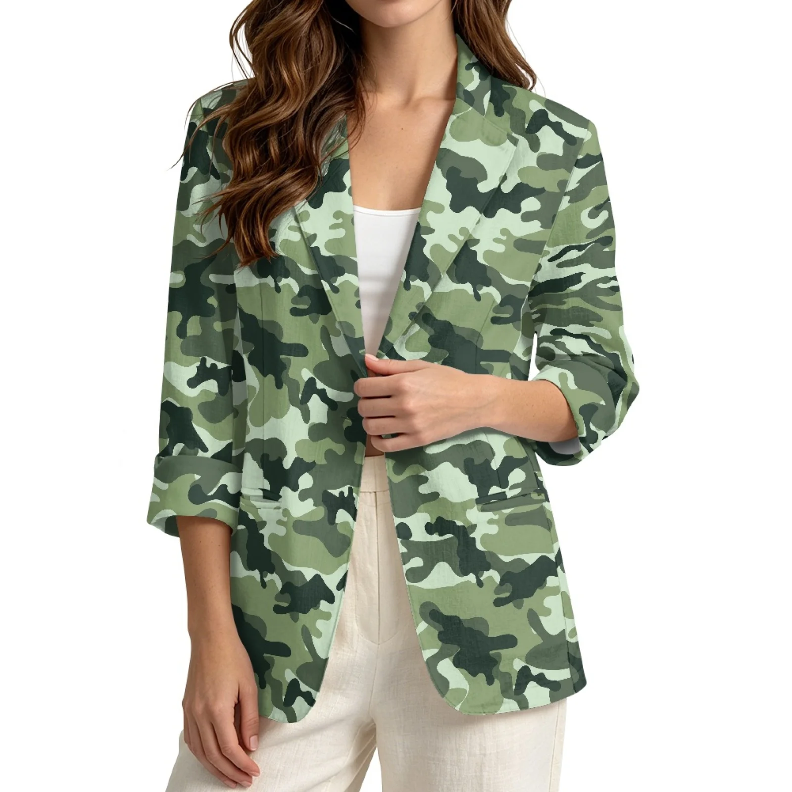 PENSTROLL Camouflage Linen Like Open Front Cardigan Loose Fit Dressy Tops for Female S-3XL