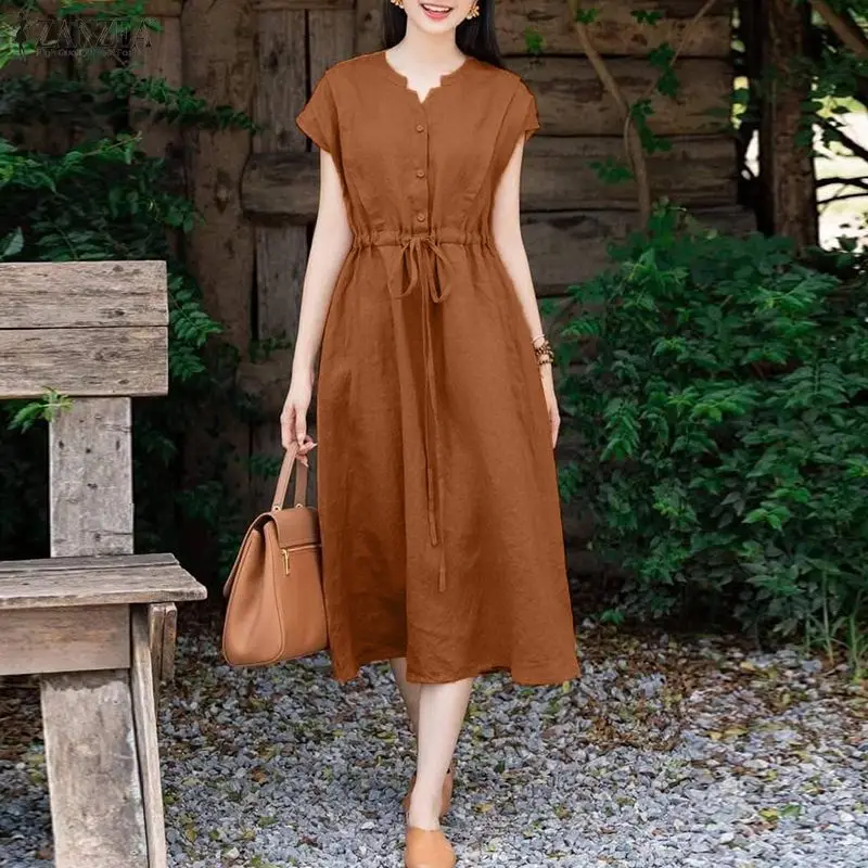 ZANZEA Women Summer Sundress Casual V Neck Sleeveless Midi Dress Solid Color Pleated Work Dresses Drawstring Waist Holiday Robe