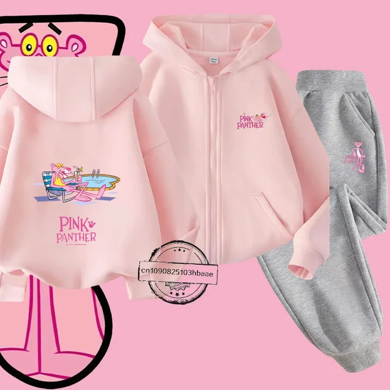 

Pink Panther children's hoodie set cartoon cartoon print autumn and winter new long-sleeved sports zipper shirt sports top