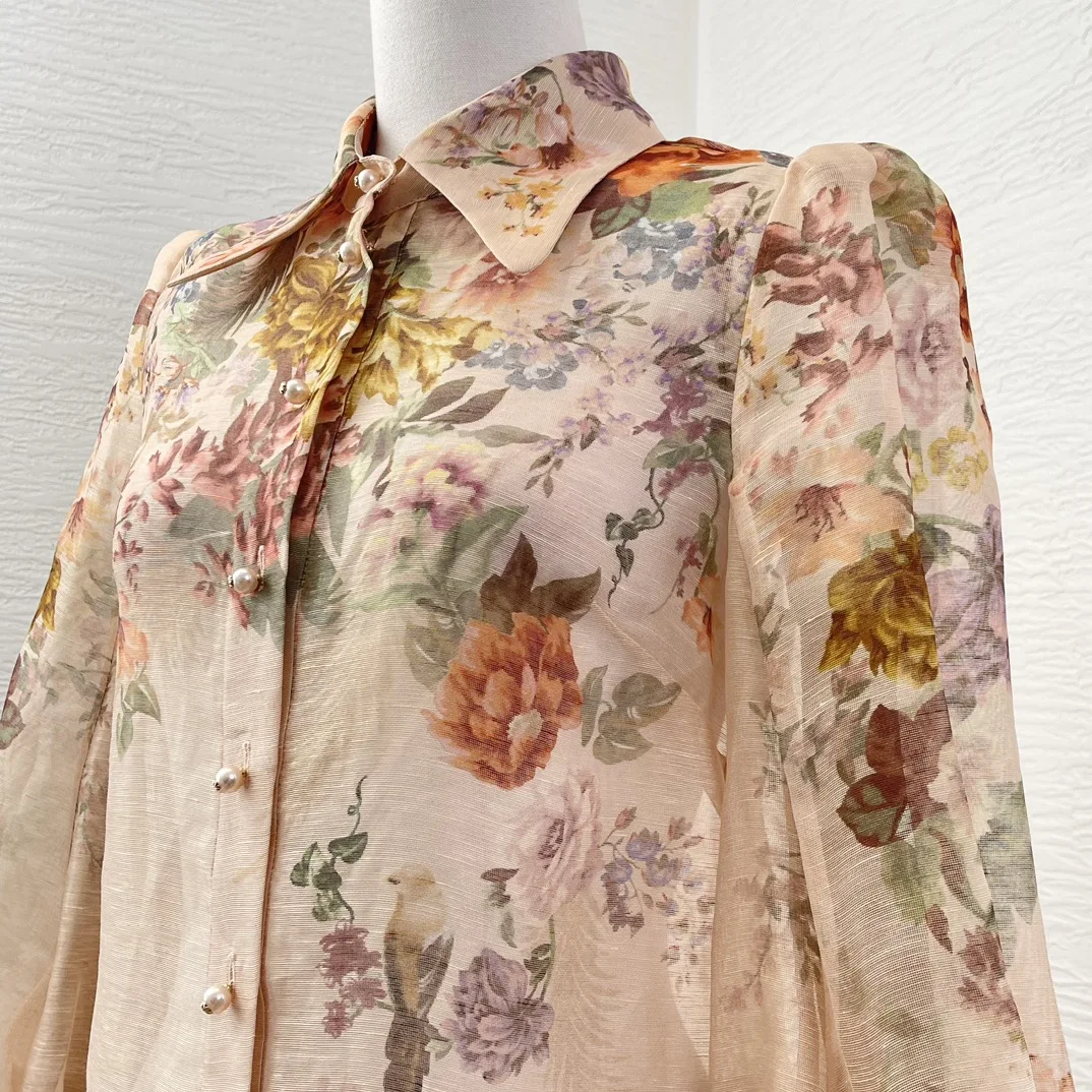 

Beige Floral Print Long Sleeve Blouse Tops and Skirt Set Women