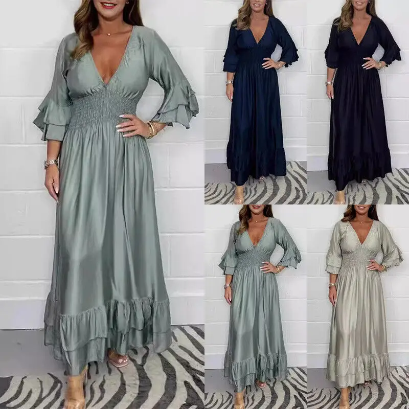 European and American Spring and Autumn Casual Temperament Satin Pure Color V-Neck Ruffle Edge Dress for Women