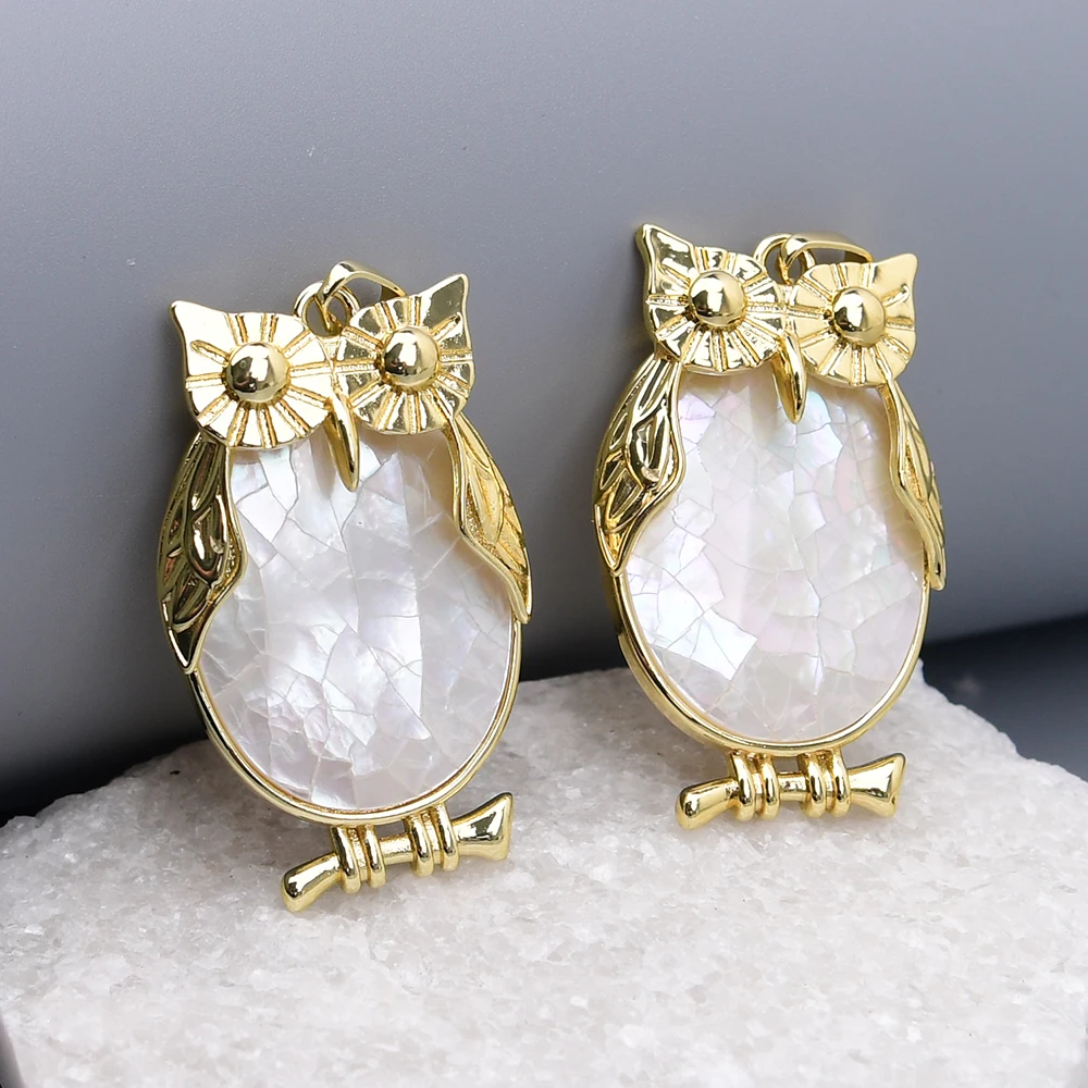 

APDGG 5 Pcs 42mm Natural White Sea Shell Owl Shape Charms Gold Plated Pendant Jewelry DIY