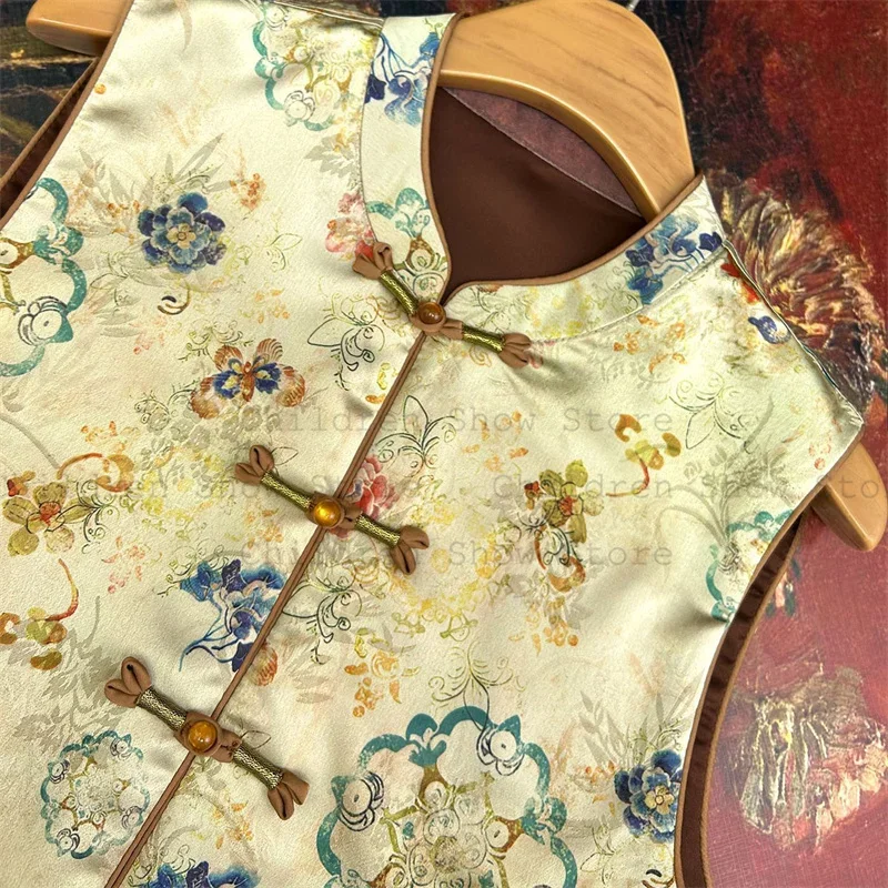 

Vintage Button Down Chinese Style Vest Top Qipao Jacket Sleeveless Hanfu Coat Women Autumn New Tank Tops Print Tang Clothes