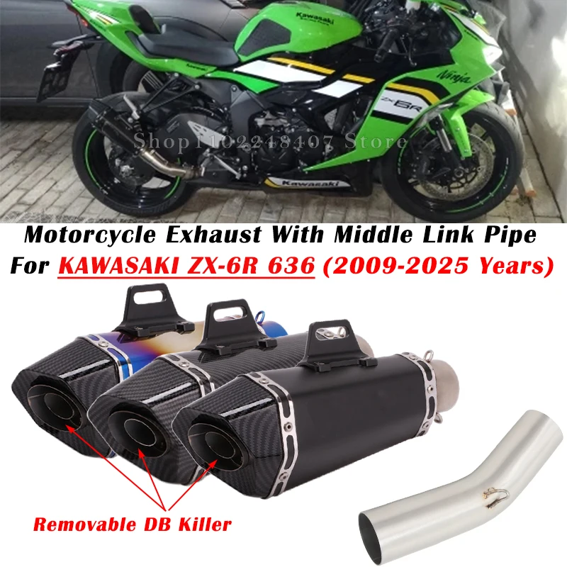 

Slip On For KAWASAKI Ninja ZX-6R ZX6R ZX 6R 636 2009 - 2025 Motorcycle Exhaust Escape Modified Muffler With Middle Link Pipe