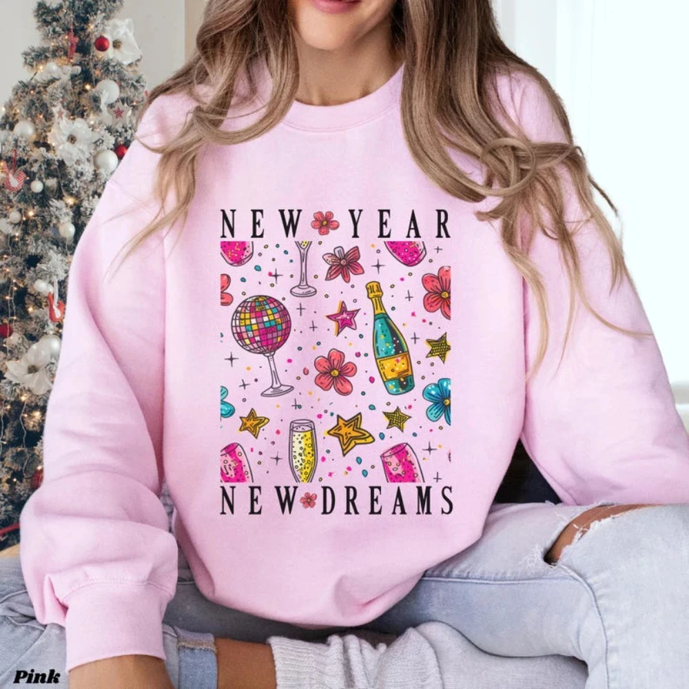 Happy New Year Ladies Long Sleeve Hoodie Hello 2025 New Year Party Sweatshirt Autumn Winter Warm Sweater New Year Clothing