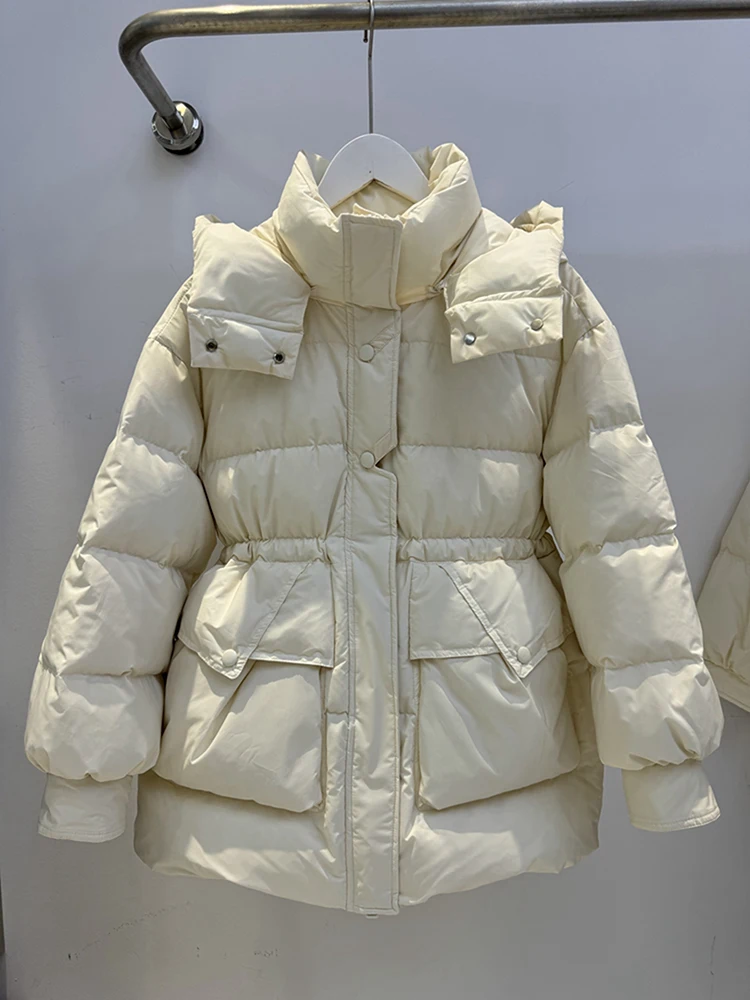 

Winter Hooded Solid Mid Length Down Jacket Women White Duck Down Zipper Parker Outwears Female Warm Thicken Drawstring Jackets