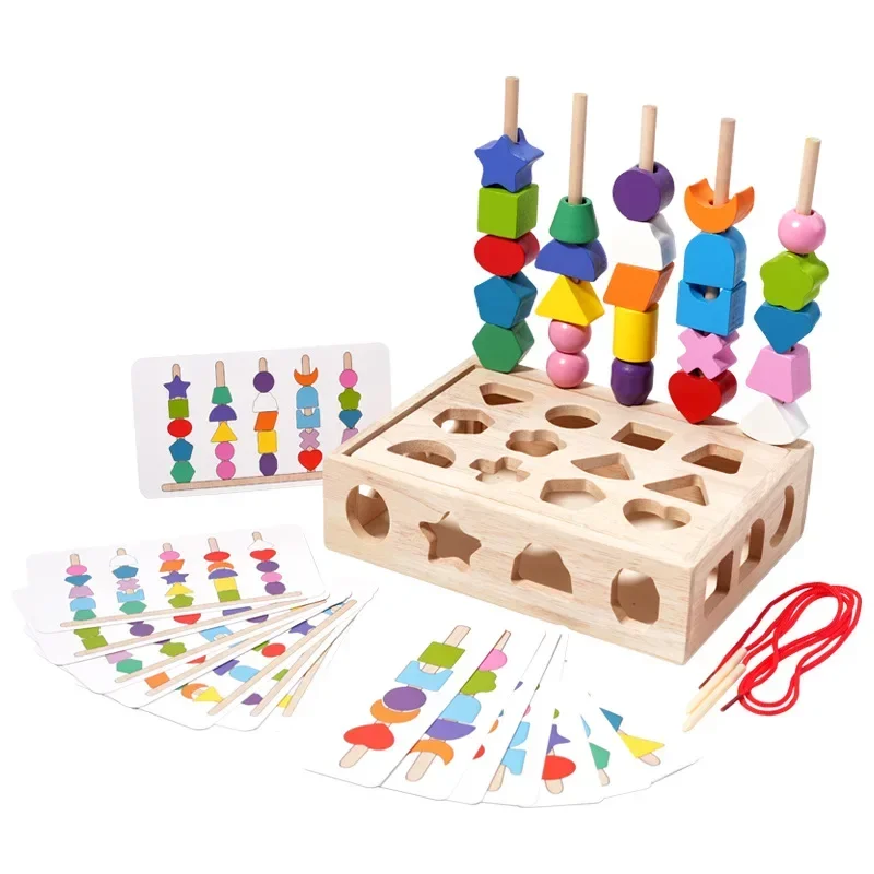 Wooden Children's Puzzle Beads Set Of Five Pillars Building Block Intelligence Box Color Sensory Children's Shape Matching