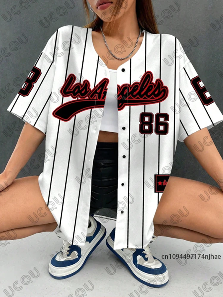 Red LA 86 Stripe Baseball Shirt | Summer Streetwear Button Up Top for Women Men