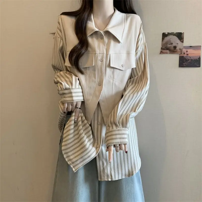 

Women Korean Loose Fake Two Pieces Cardigan Blouse Coat Spring Autumn Long Sleeve Stripe Shirts Female Chic Patchwork Blaus Tops