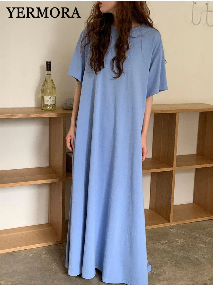 

YERMORA Women Blue Pleated Brief Casual Dress Round Collar Short Sleeve Loose New Sundress Fashion Tide Spring Summer 2025
