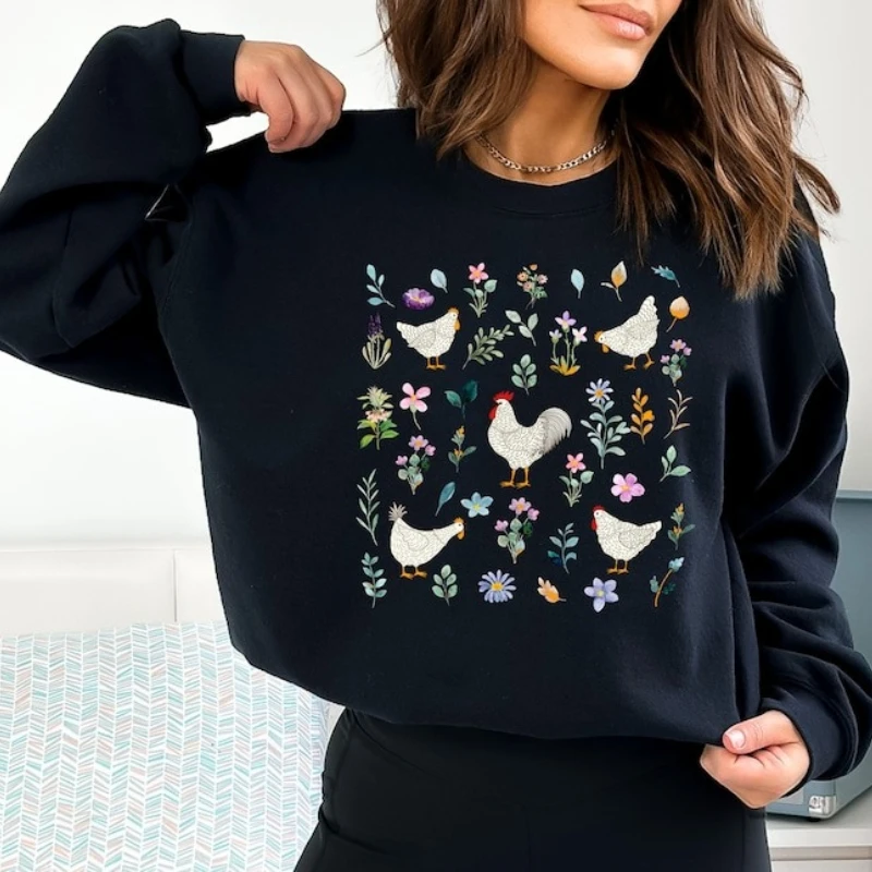 

Floral Chicken Sweatshirt Wildflower Farmer Hoodie Sweatshirts Winter Clothes Women Kawaii Clothes Aesthetic Y2k Short Sleeve