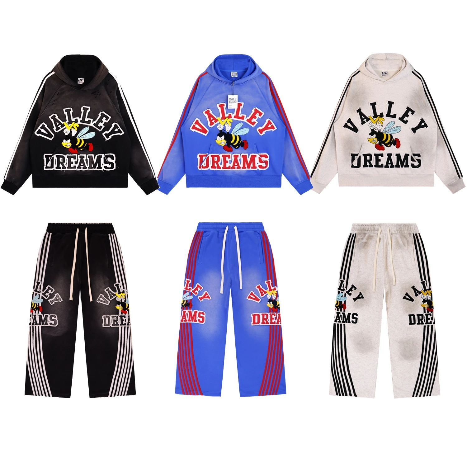 

Retro American Waed out Bee Embroidery Hoodie And Straight Leg Pants Casual Set Youth Cotton Long Sve Long Pants