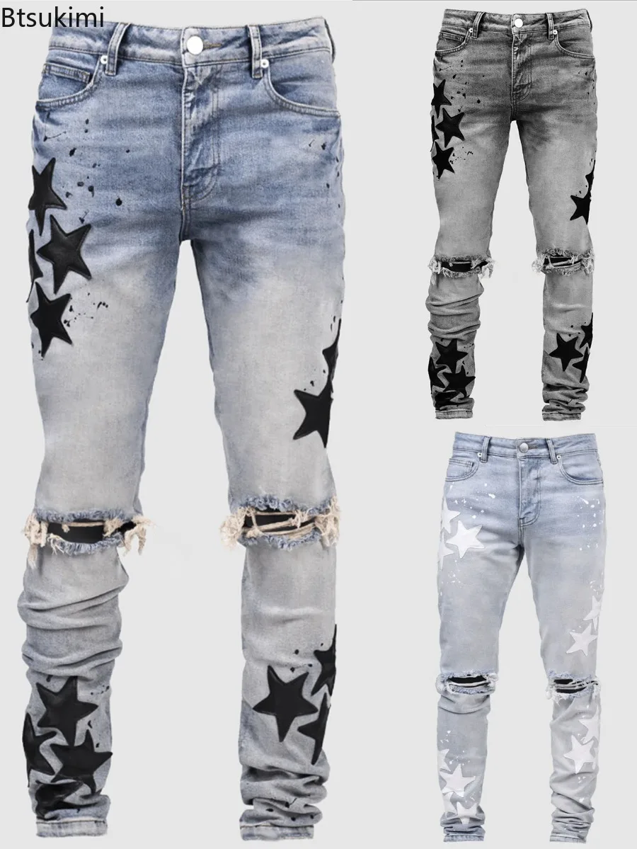 

New Men Jeans Fashion Mid Waist Elastic Slim Fit Vintage Washed Denim Pants Street Punk Style Male Distressed Holes Skinny Pants