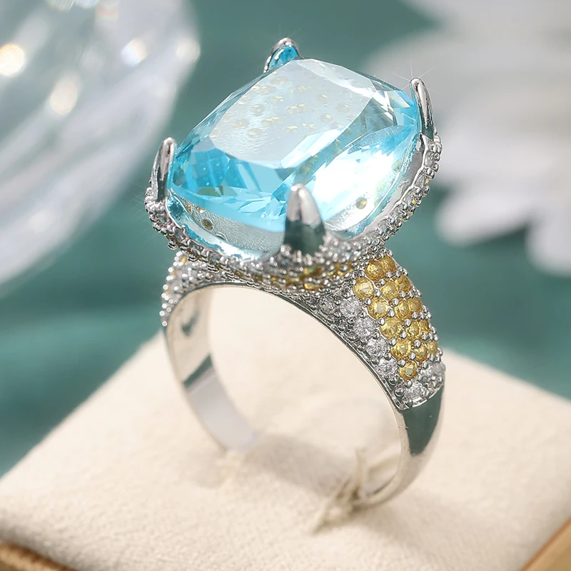 Modischer, mit meerblauen CZ-Steinen besetzter Damenring, exquisite silberfarbene Geometrie, für den täglichen Gebrauch, Partyschmuck, Jubiläumsgeschenk – Detail 4