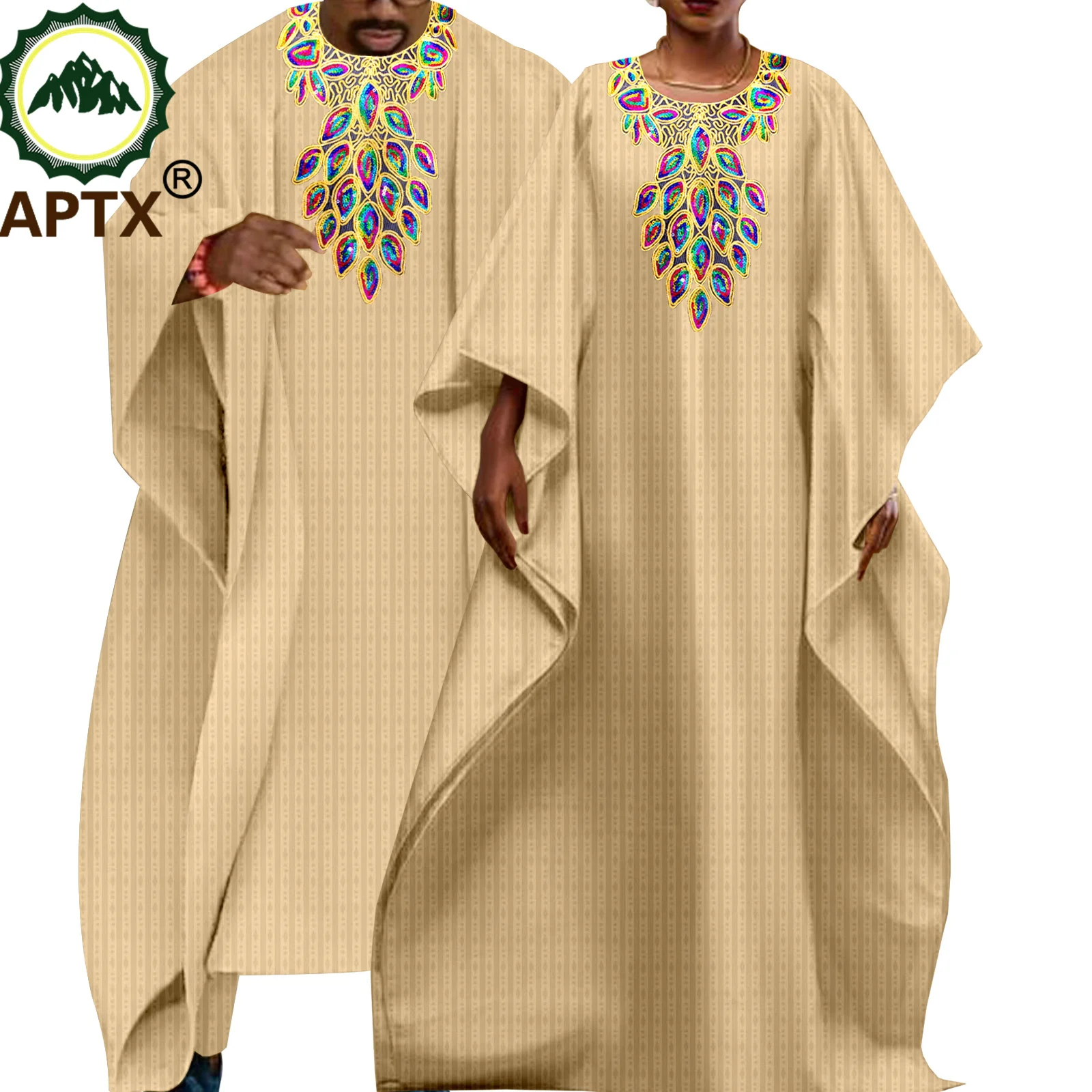 

African Couple Clothes Men Embroidery Robe Shirt Pants 3 Pieces Set Women Dress V-neck Ankara Riche Attire Causal Wear T23C006