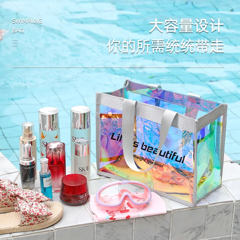 Beach Bag PVC Transparent Tote Bag Laser Colorful Wash Hemming Sewing Shopping Bag Packaging Gift Bag Drain Makeup Pouch