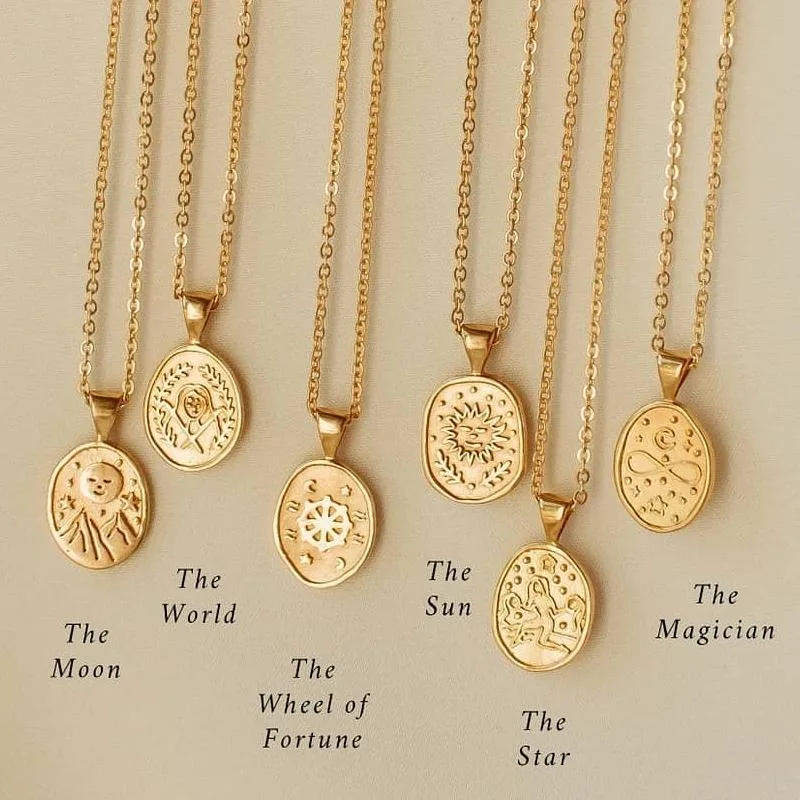 Stainless Steel Round Tarot Neckalce for Women Punk The Sun Moon Star World Sign Amulet Necklace Vintage Astrology Jeweley Gifts