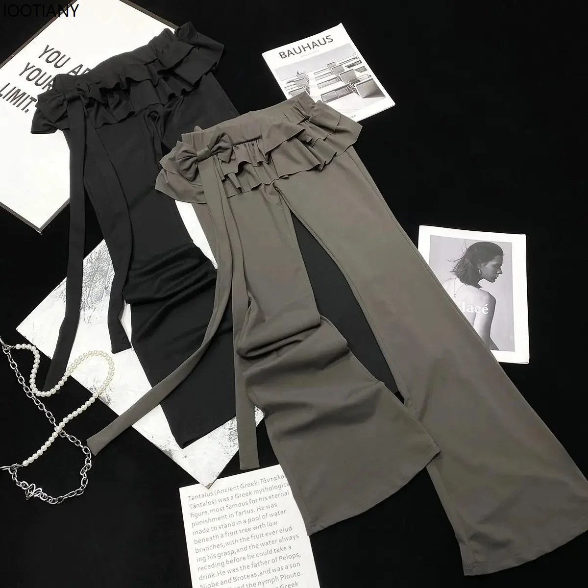 

Y2k Bow Ruffled Flared Pants Female Low Waist Slim Fit Casual Skirt Pants Autumn Winter Street Style Cake Fake Two-piece Trouser