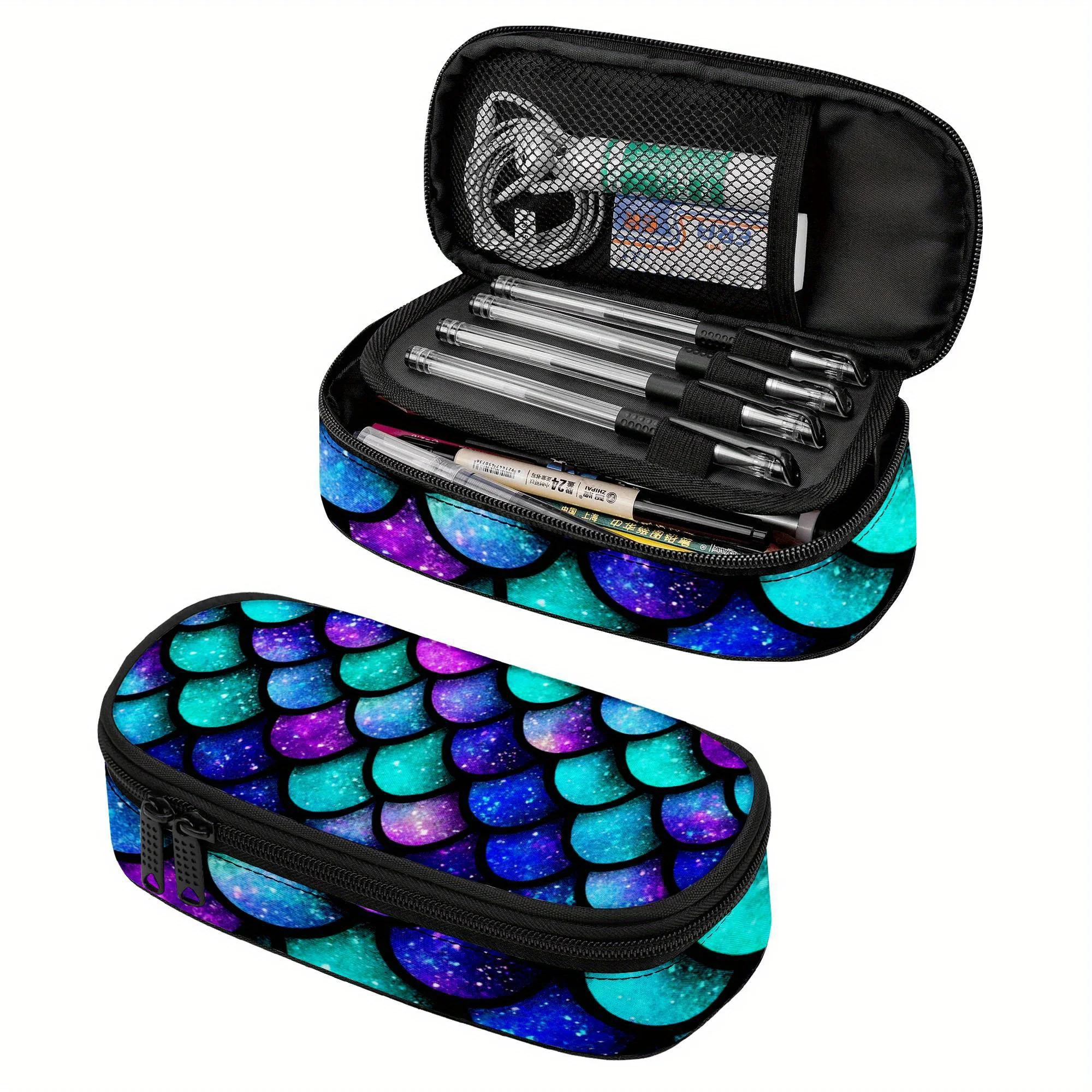 Pencil Case with Mermaid Scales Design, Galaxy Tiles Pencil Pouch, Aqua Shimmer Pencil Bag Featuring a Zipper Compartment