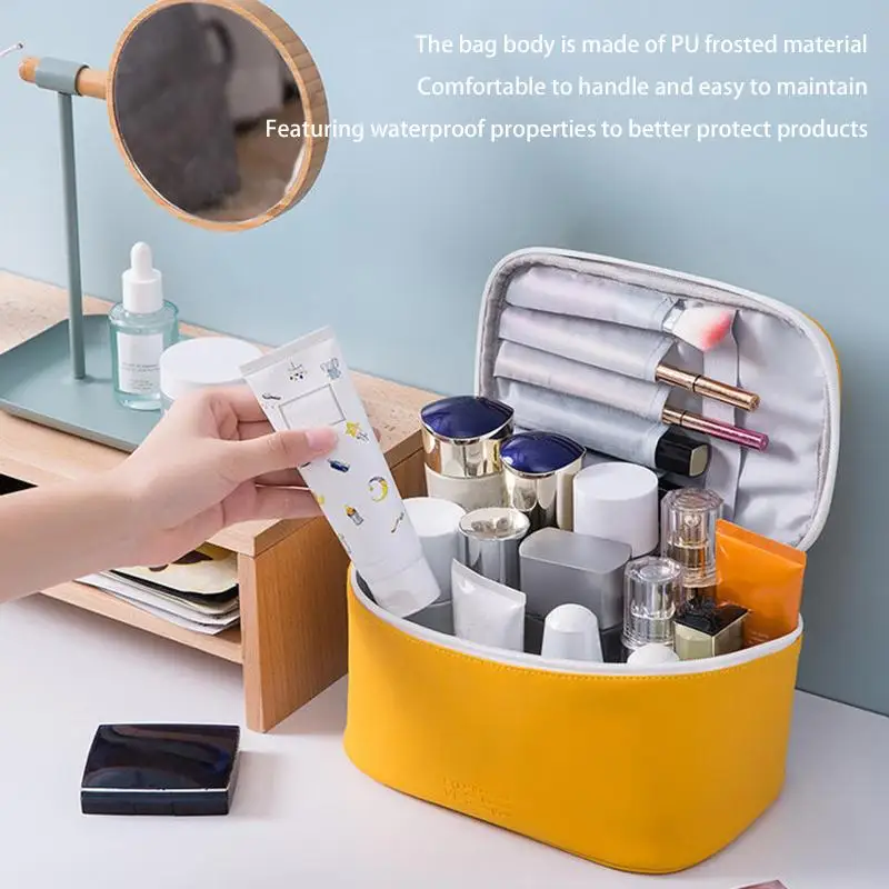 PU-Handtasche für Make-up mit Reißverschluss, tragbarer Reise-Organizer für Hautpflegeprodukte, Kosmetiktasche mit großem Fassungsvermögen zum Waschen von Kosmetika. – Detail 1