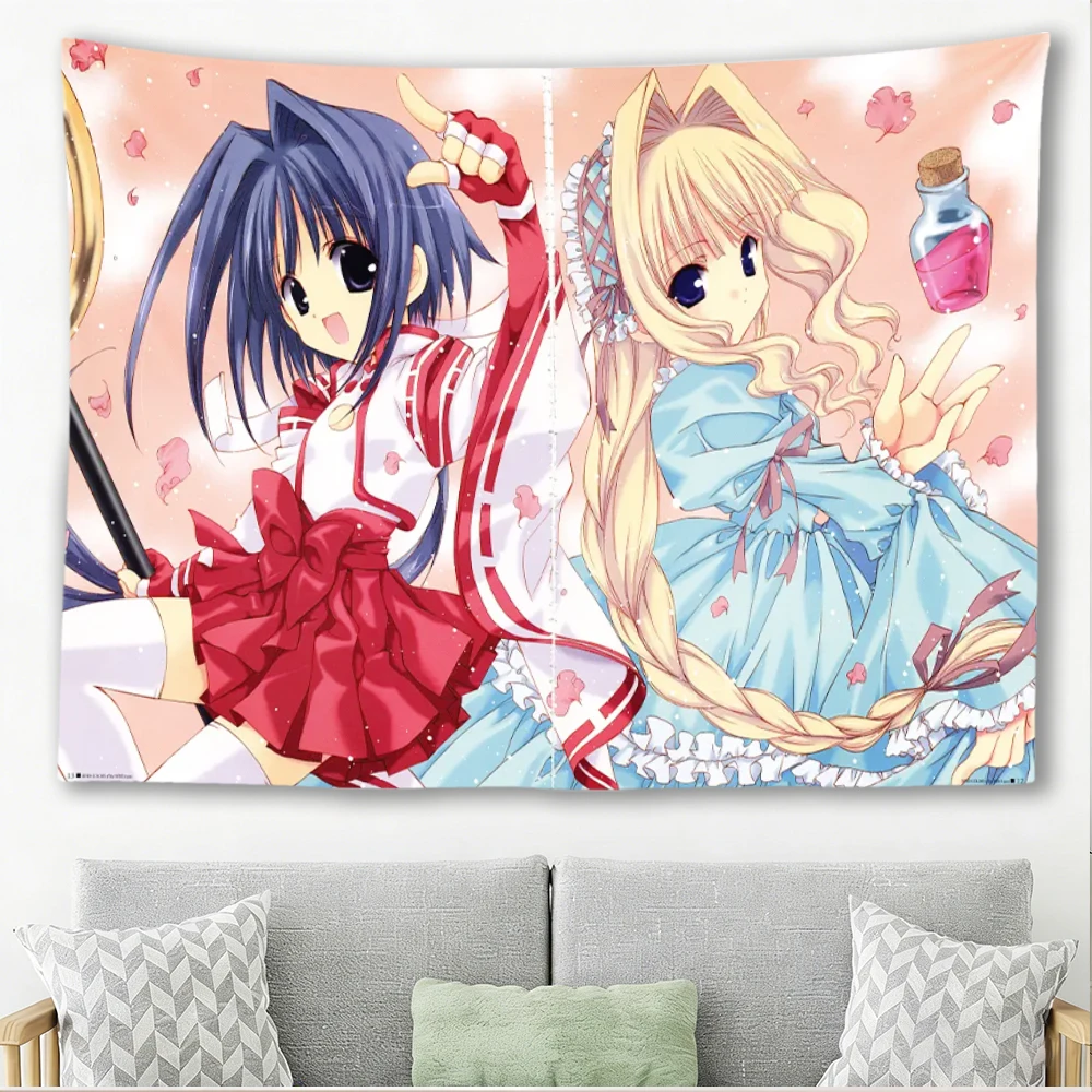 Vintage Japanese Style Anime Twin Girls Tapestry Cat‑Ear Blonde Braid Magic Bottle Floral Petal Wall Hanging