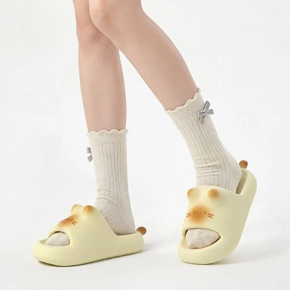 

Adorable Thick Bottom Cat Slippers Solid Color Soft Sole Beach Shoes EVA Non Slip House Shoes For Couples and Women