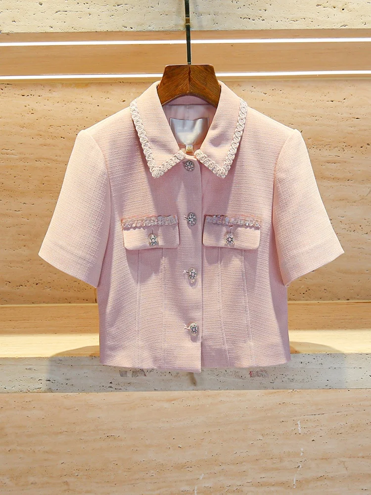 

Pink Acetate Open Cardigan Jaet And Skirt Set Luxury Women's Faion Small Fraance Sle Summer Outfit ort Sve