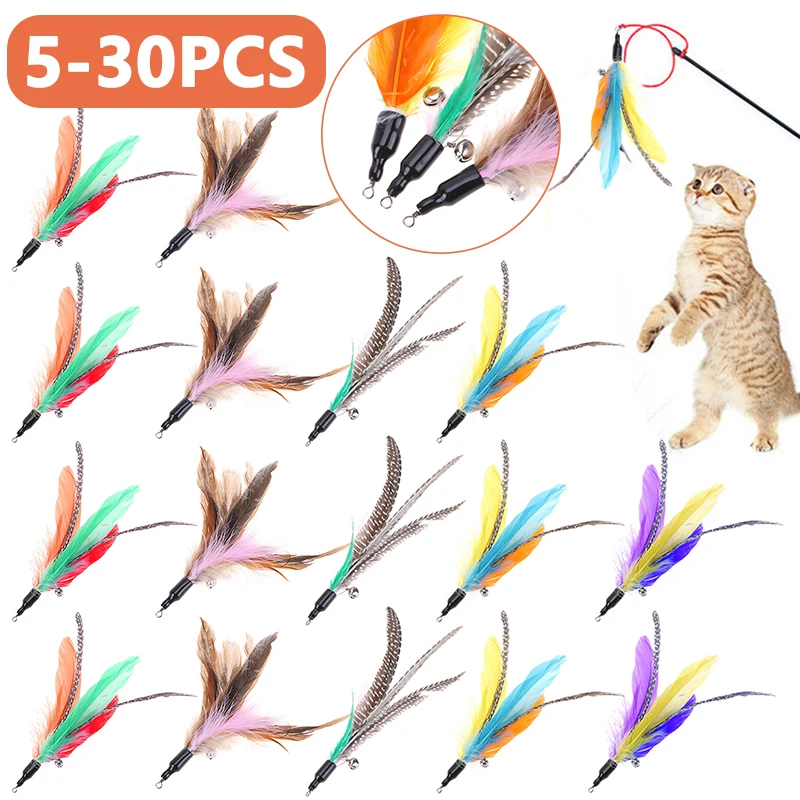 5-30 Pcs/Lot Random Colorful Cat Toys Feather Replacement Head Interactive Play Training Feather Refill Cat Wand Pet Products