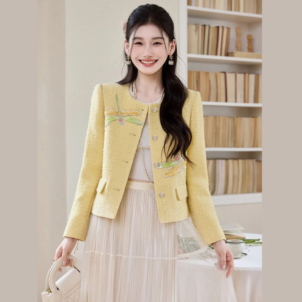 LOUIS YAO Women's Jackets 2026 Spring New Sweet Soft Woven Round Neck Cardigan Elegant Style Contrast Pattern Coat