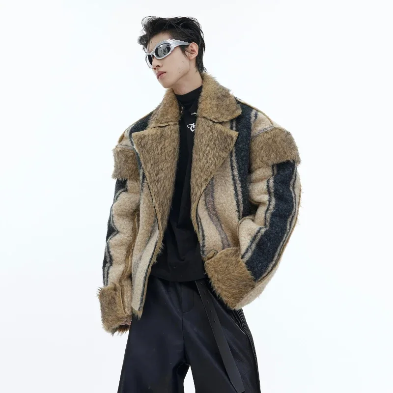 Vintage Faux Fur Jacket Men Winter Two Sides Wear Large Lapel Warm Jackets High Street Contrast Color Oversized Coat Streetwear