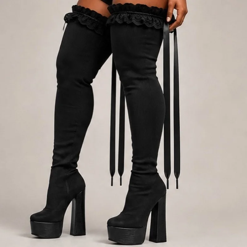 Lace Embroidery Platfrom Over The Knee Boots Sexy Pointed Toe Square Heels Customized New Arrivals Fashion Women Modern Boots
