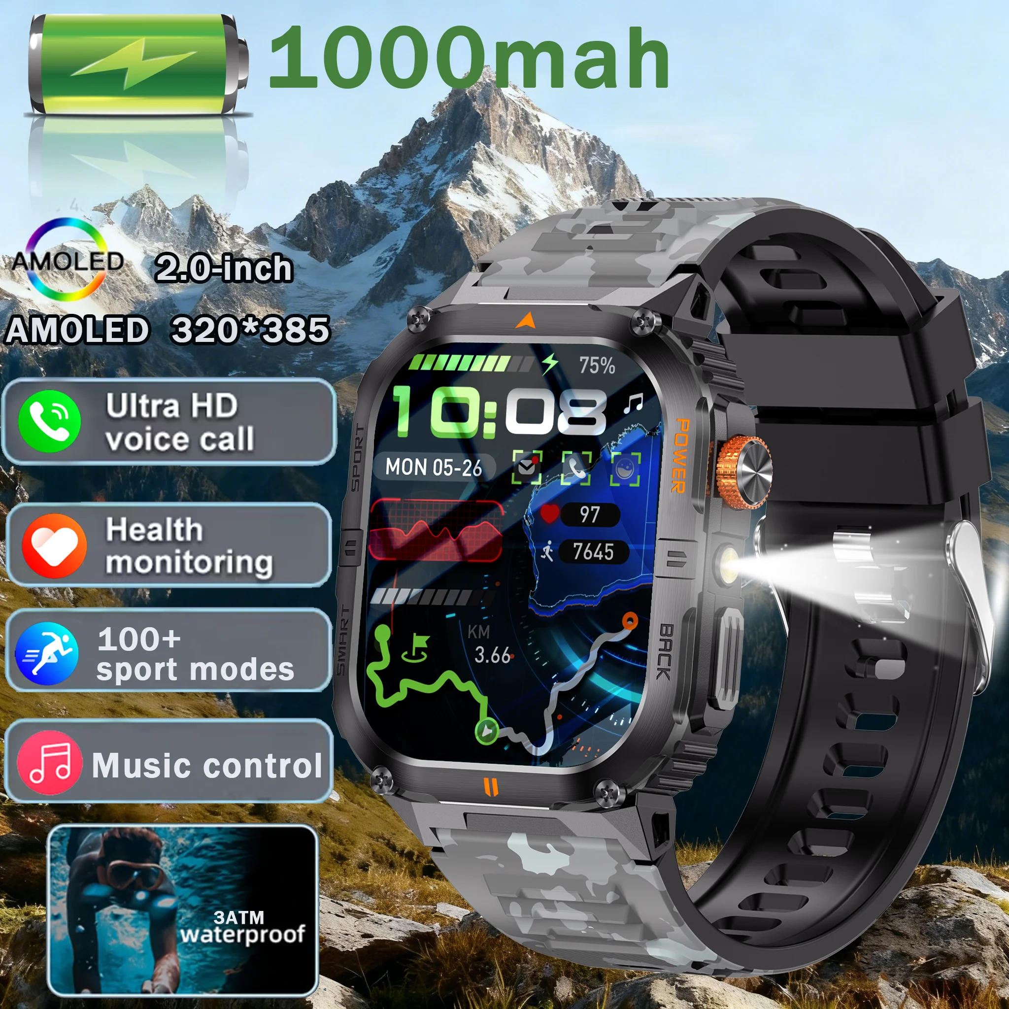 

Мужские умные часы с Bluetooth-звонком, монитор сердечного ритма и здоровья, уличный светодиодный фонарик, водонепроницаемые спортивные часы для Android IOS