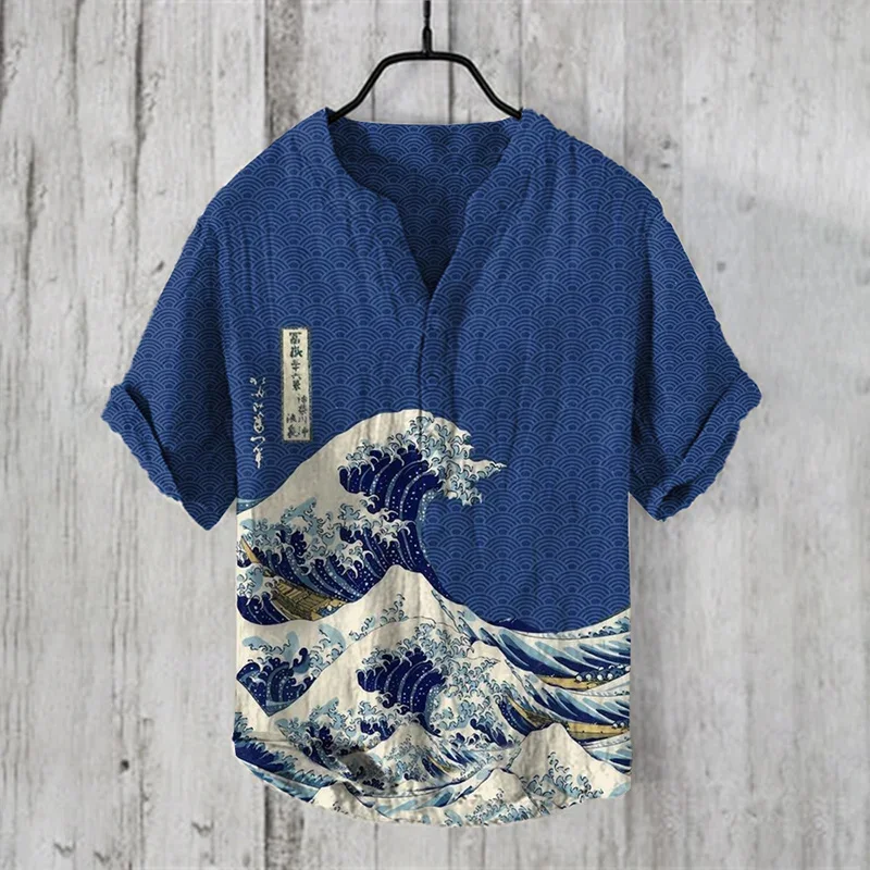 New 2024 Men's Bamboo Plus Size V-Neck Japanese Ukiyo-e Pattern Clothing Summer Oversized Fashion Casual Tops Flowers and Moon