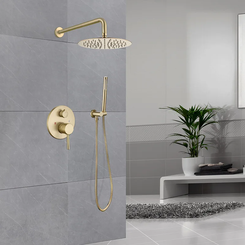 

Brushed Gold Solid Brass Bathroom Shower Set Rianfall Head Bath Faucet Wall Mounted Ceiling Arm Mixer Water System