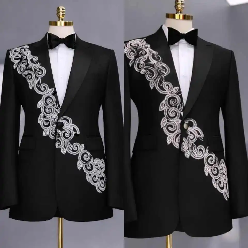 

Stylish Appliques Men's Suits Single Breasted Peaked Lapel Pant Sets Classic Fit 2 Pieces Customized Costume Homme