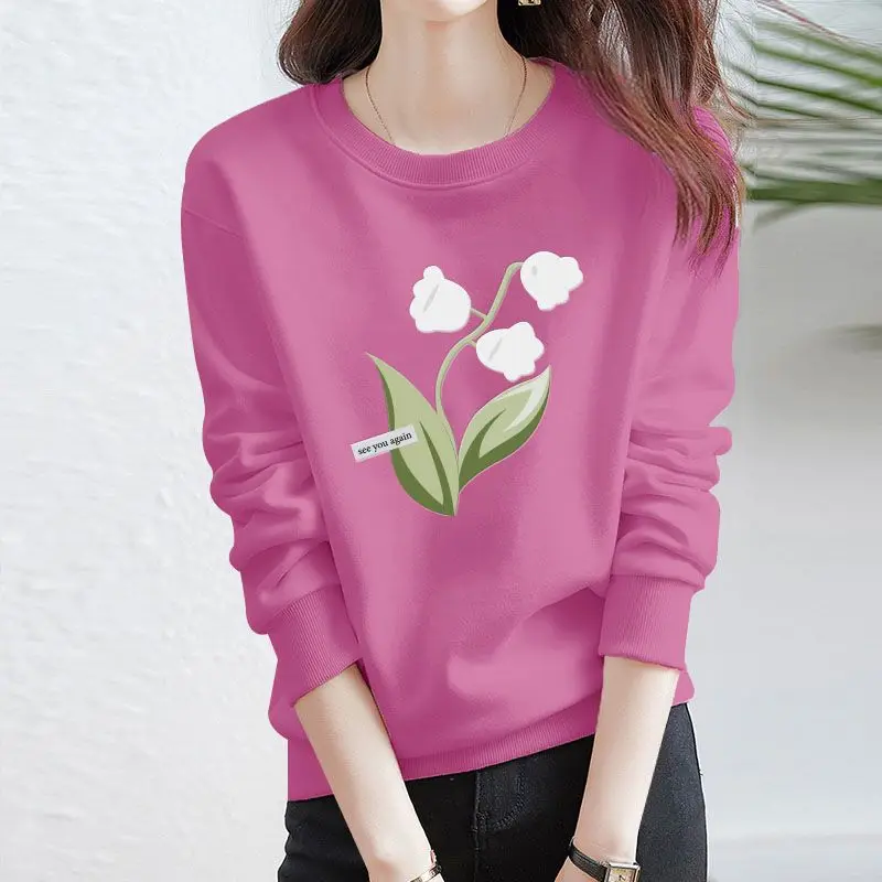 Women\'s Printing Flower Sweater Spring and Autumn 2023 New Fashion Round Neck Age Reducing All-match Slim Long Sleeve Top