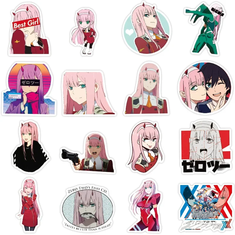 50 unids/set Japón Anime DARLING in the FRANXX Hiro ZERO TWO ICHIGO GORO MIKU KOKORO cuaderno impermeable pegatina de coche