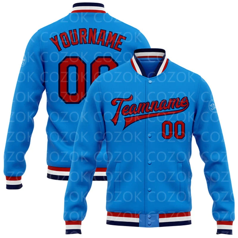 Custom Brilliant blue 3D Printed Baseball Button Jacket Bomber Full-Snap Varsity Letterman Jacket