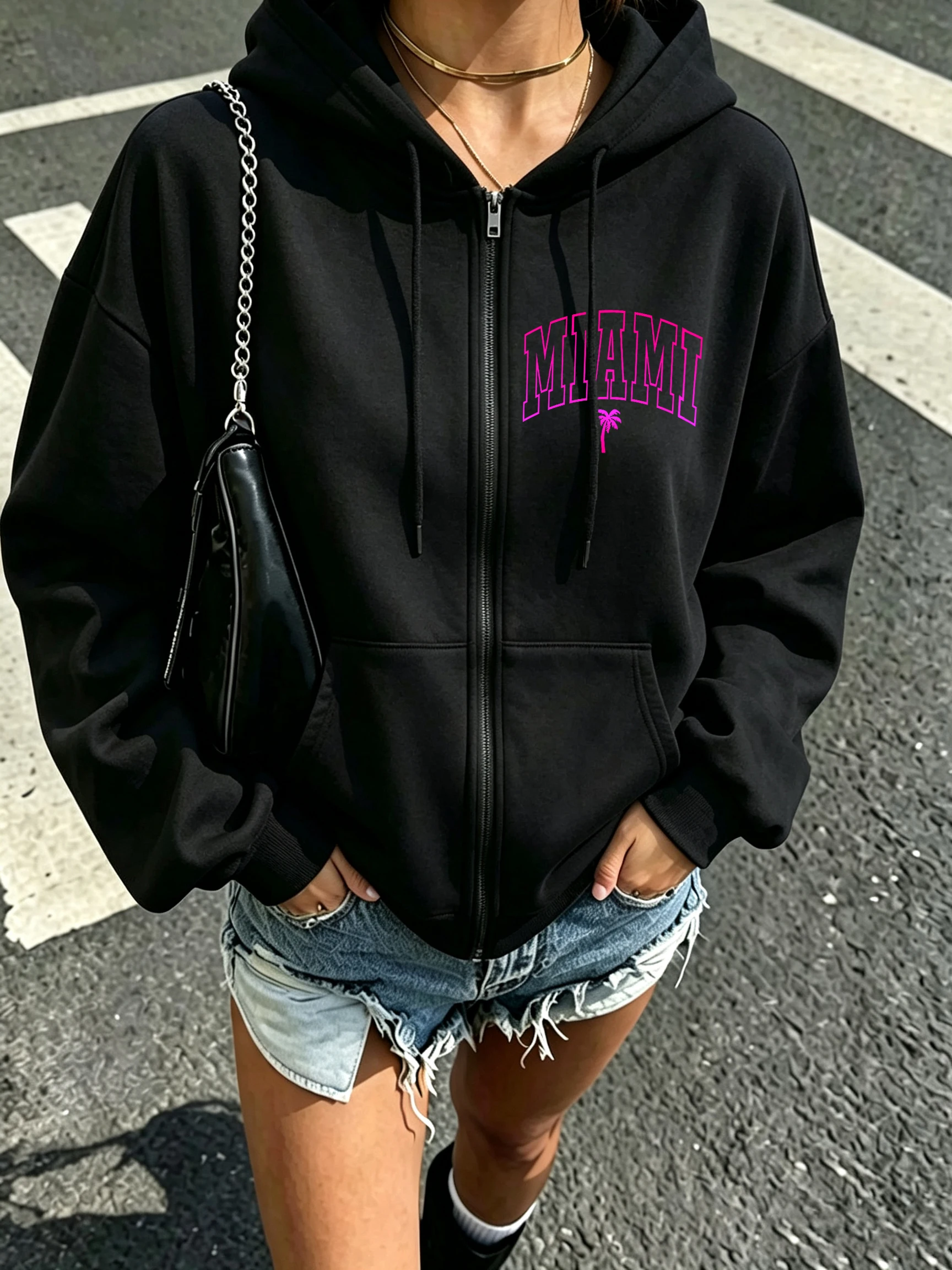 Miami Gradient Coconut Tree Print Zipper Women Hoody Pocket Fleece Hoodies Autumn Loose Hoodie Woman Casual All-Match Clothes