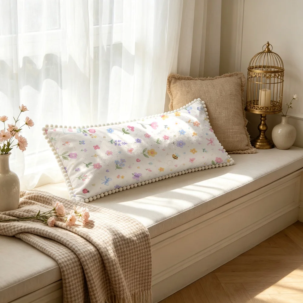 1PC White Background with Colorful Small Wildflowers and Bees, Cute Whimsical Hand Drawn Floral Long Pillow Cover with Pom Pom
