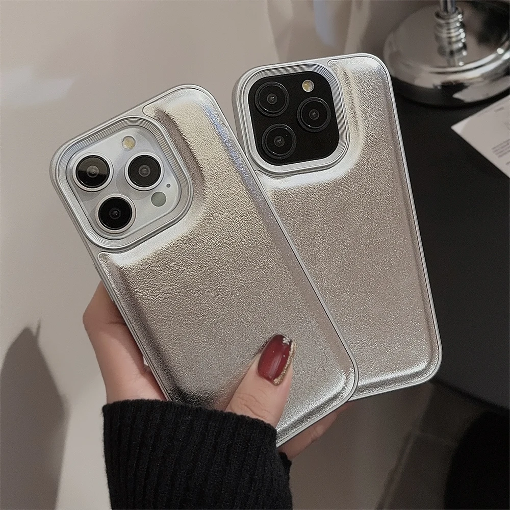 Luxury Luxury Silver Case for iphone 11 12 15 Pro 13 14 Pro Max shockproof leather solid color bulge phone case