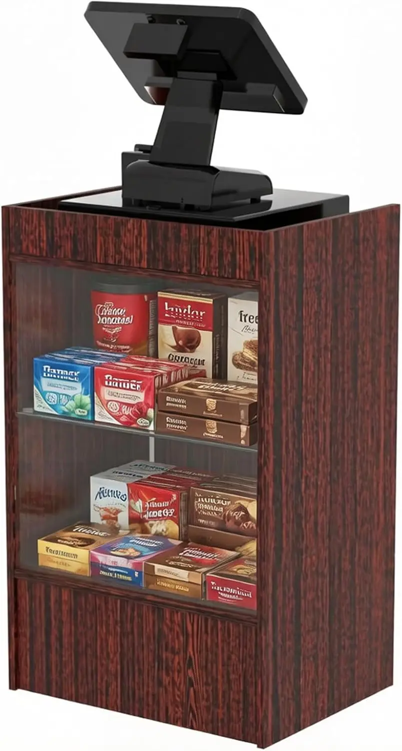 24”W * 18”D * 38”H - Walnut Retail Cash Register Stand Cash Wrap Checkout Desk Portable Counter Podium Stand with Drawer