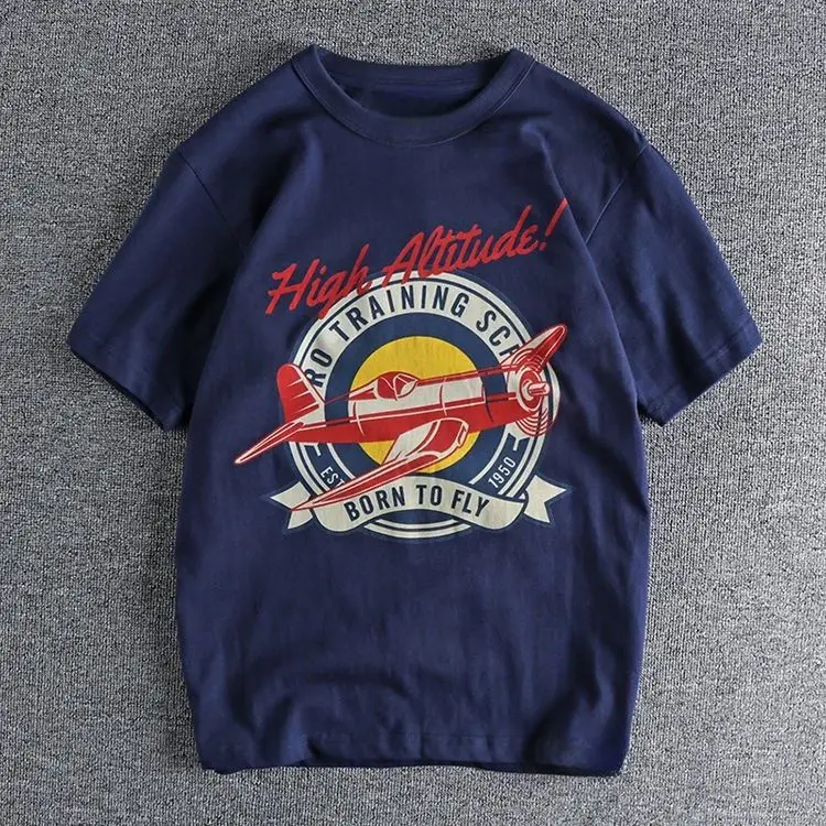 

Verano Retro Estilo Militar Aviones Impresión Camiseta De Algodón Puro Algodón Puro Cómodo Camiseta