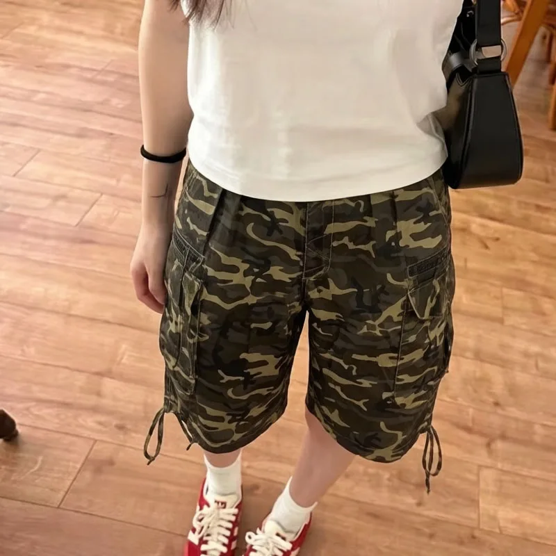 Women's Camouflage Printed High Waisted Workwear Shorts  Multiple Pockets Individuality Drawstring Details Loose Casual Shorts