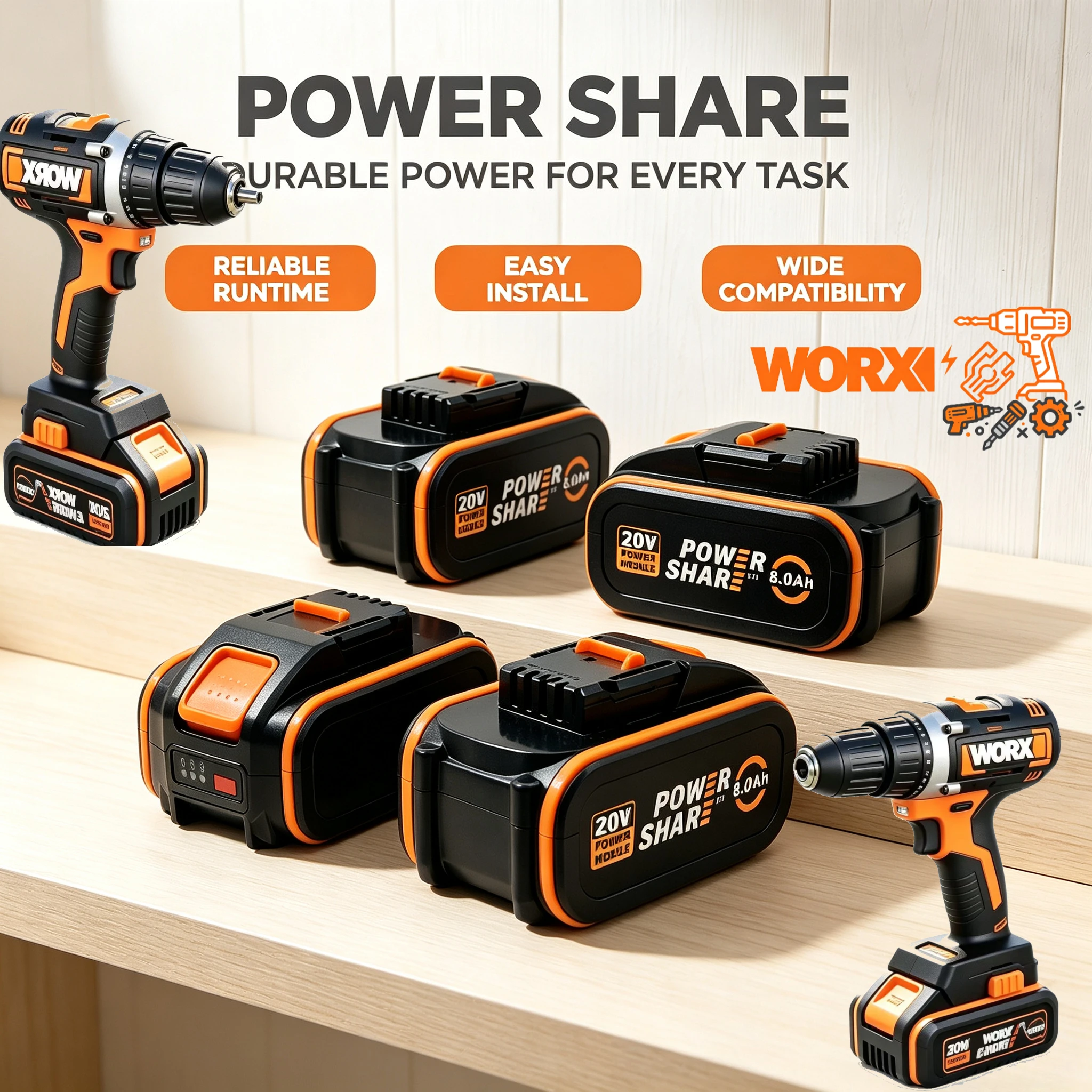 WORX Original 20V  6.0Ah 8.0Ah Battery Pack Overheat Protection,Compatible WA3575 WA3593 All Powershare 20‑Volt Equipment