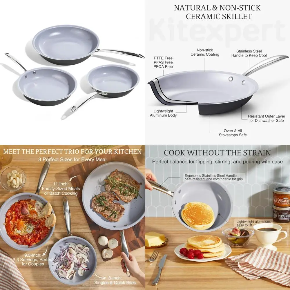 

Titanium Ceramic Non-Stick Frying Pan Set, 8, 9.5, 11 Inch Pans, Non-Toxic, Stainless Steel Handle, Skillet Set for Healthy Cook