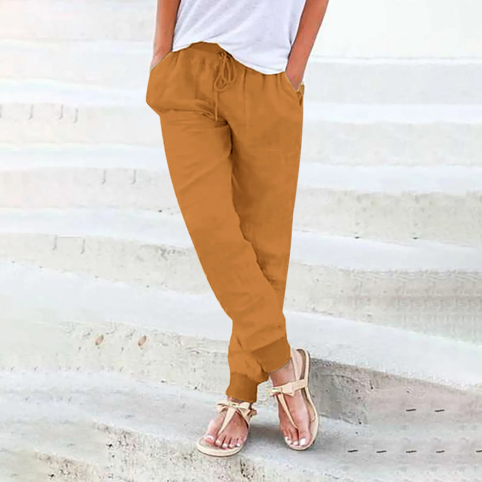 Slight Strech Solid Color Slim Fit Pencil Female Pants Drawstring Ankle-Length Lady Trousers Bestseller Products 2024