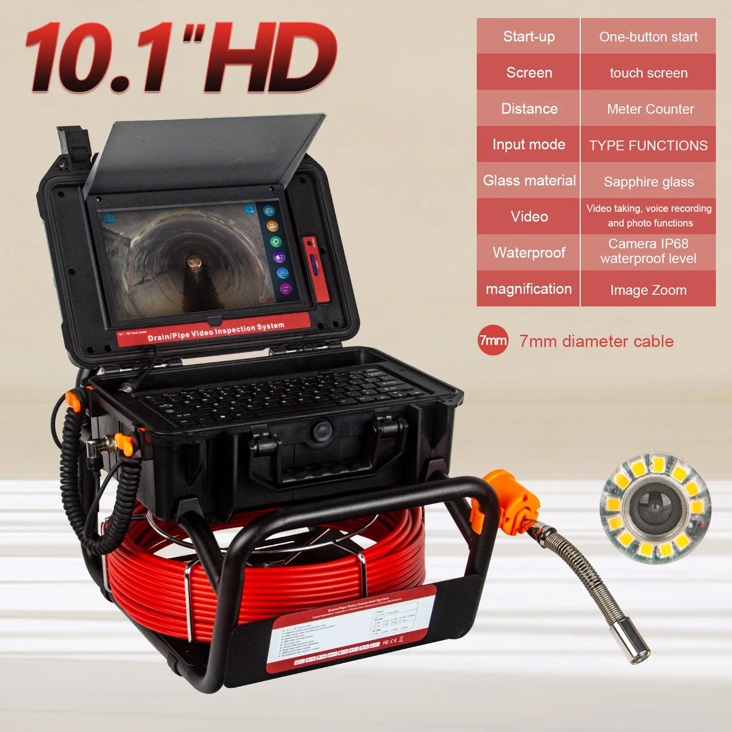 10.1inch HD 1080P Touch Screen, 512HZ Sonde Self-leveling Sewer Camera Meter Counter and 8GB DVR Video Pipe Inspection Camera